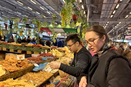 Gian hàng mứt hoa quả của doanh nghiệp Việt Nam luôn thu hút khách hàng. (Ảnh: Thu Hà/Vietnam+)