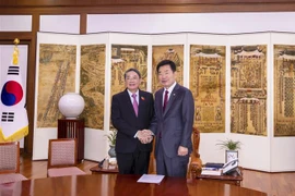 Chủ tịch Quốc hội Hàn Quốc Kim Jin-pyo (phải) tiếp Phó Chủ tịch Quốc hội Nguyễn Đức Hải tại Trụ sở Quốc hội Hàn Quốc. (Ảnh: Anh Nguyên/TTXVN)