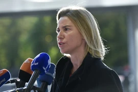 Đại diện cấp cao EU về chính sách an ninh và đối ngoại, bà Federica Mogherini trả lời báo giới trước địa điểm họp ngoại trưởng EU về vấn đề Syria, ngày 12/10. (Nguồn: AFP) 