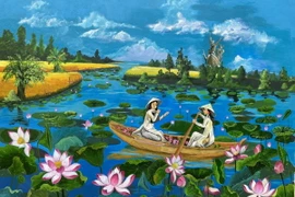Tác phẩm bích họa 'Sen vùng biên rạng ngời khoe sắc' của Trường Trung học Cơ sở và Trung học Phổ thông Giồng Thị Đam (huyện Tân Hồng). (Ảnh: TTXVN phát)