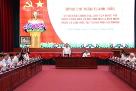 Chủ tịch Quốc hội Trần Thanh Mẫn phát biểu chỉ đạo tại buổi làm việc với Thành ủy Hải Phòng. (Ảnh: Văn Điệp/TTXVN)