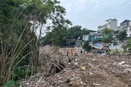 Rác phế thải và lều lán xây dựng trái phép khu vực bờ vở, bãi ven sông Hồng trước khi giải tỏa. (Ảnh: TTXVN phát)