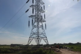 Đường dây 500kV mạch 3 đoạn qua xã Diễn Thái, huyện Diễn Châu đang được các đơn vị thi công kéo dây. (Ảnh: Bích Huệ/TTXVN)