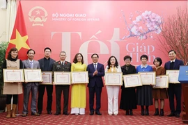 Bộ trưởng Bộ Ngoại giao Bùi Thanh Sơn trao Bằng khen tặng các cơ quan báo chí. (Ảnh: Lâm Khánh/TTXVN)
