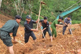 Các lực lượng chức năng khẩn trương tìm kiếm các nạn nhân đang bị vùi lấp. (Ảnh: Đức Thọ/TTXVN)