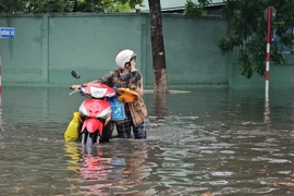 Nước ngập sâu trên các tuyến đường trong Khu Công nghiệp Giao Long, tỉnh Bến Tre. (Ảnh: Huỳnh Phúc Hậu/TTXVN)