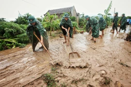 Cán bộ, chiến sỹ Sư đoàn 325 dọn dẹp sình lầy tại thôn Khả Lã, xã Tân Lập, Lục Ngạn. (Ảnh: Danh Lam/TTXVN)