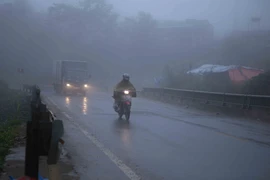 Các phương tiện di chuyển chậm do trời mưa phùn cộng thêm sương mù. (Ảnh: Quý Trung/TTXVN)