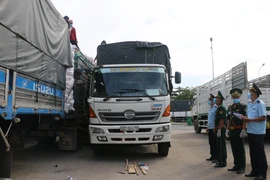 Cán bộ Chi cục Hải quan cửa khẩu quốc tế Tịnh Biên (huyện Tịnh Biên, An Giang) - Cục Hải quan tỉnh An Giang kiểm tra hàng hóa xuất khẩu. (Ảnh: Công Mao/TTXVN)