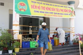 Người dân đến mua hàng nông sản tại Trung tâm hỗ trợ Nông dân và Giáo dục nghề nghiệp tỉnh Kiên Giang. (Ảnh: Lê Huy Hải/TTXVN)
