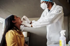 Nhân viên y tế lấy mẫu dịch xét nghiệm COVID-19 cho người dân tại Richmond, Johannesburg, Nam Phi. (Ảnh: AFP/TTXVN)