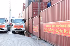 15 container với hơn 290 tấn hàng hóa lương thực, thực phẩm tại cảng Bến Nghé, Thành phố Hồ Chí Minh. (Ảnh: Xuân Khu-TTXVN)