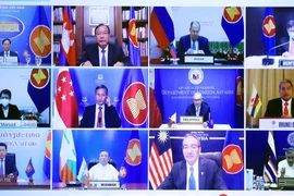 Bộ trưởng Ngoại giao các nước dự Hội nghị Bộ trưởng Ngoại giao đặc biệt ASEAN-Nga theo hình thức trực tuyến chiều 6/7. (Ảnh: Lâm Khánh/TTXVN)