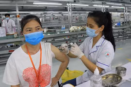 Tiêm phòng vaccine phòng COVID-19 cho công nhân tại Công ty TNHH Goerteck Vina, Khu công nghiệp Quế Võ, tỉnh Bắc Ninh. (Ảnh: Thanh Thương/TTXVN)