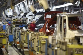 Nhân viên hãng Nissan Motor Co. của Nhật Bản lắp ráp xe ôtô trên dây chuyền sản xuất ở nhà máy Oppama ở Yokosuka, ngoại ô Tokyo. (Ảnh: AFP/TTXVN)