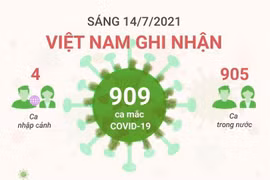 [Infographics] Sáng 14/7, Việt Nam ghi nhận 909 ca mắc COVID-19
