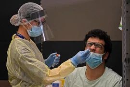 Nhân viên y tế lấy mẫu dịch xét nghiệm cho người dân tại Dubai, UAE, ngày 8/5/2020. (Ảnh: AFP/TTXVN)