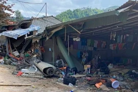 Cảnh tan hoang, đổ nát tại các hàng quán kinh doanh bên đường sau khi xe tải lao qua. (Ảnh: TTXVN phát)