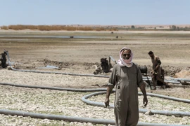 Người dân lấy nước sinh hoạt tại một hồ chứa gần khô cạn cạnh sông Euphrates ở tỉnh Raqqa, miền Đông Syria ngày 27/7/2021. (Ảnh: AFP/TTXVN)
