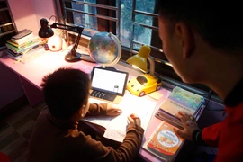 Một học sinh tiểu học học trực tuyến tại nhà hồi tháng Hai. (Ảnh: Phạm Kiên/TTXVN)