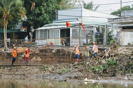 Thi công công trình kè chống sạt lở rạch Cái Sơn, quận Ninh Kiều, Cần Thơ. (Ảnh: Thanh Liêm/TTXVN)