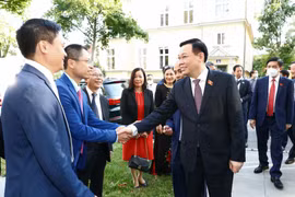 Chủ tịch Quốc hội Vương Đình Huệ với các đại biểu và nhân viên đại sứ quán Việt Nam tại Áo. (Ảnh: Doãn Tấn/TTXVN)