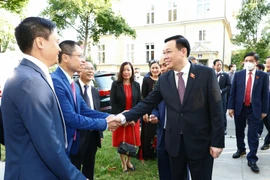 Chủ tịch Quốc hội Vương Đình Huệ với các đại biểu và nhân viên đại sứ quán Việt Nam tại Áo. (Ảnh: Doãn Tấn/TTXVN)