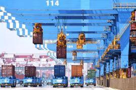 Vận chuyển container lên tàu tại một cảng ở Thanh Đảo, tỉnh Sơn Đông, miền đông Trung Quốc ngày 4/6. (Nguồn: AP)