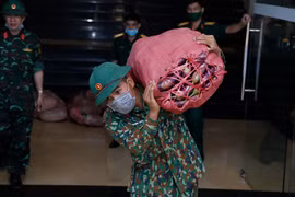 Chiến sỹ Quân đoàn 3 chuẩn bị rau củ tăng gia của các đơn vị gửi vào hỗ trợ người dân Thành phố Hồ Chí Minh. (Ảnh: Hồng Điệp/TTXVN)