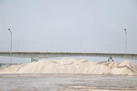Nguyên vật liệu tập kết ở cầu cảng Hợp Thịnh gây phát tán bụi ra khu dân cư khi có gió. (Ảnh: Nguyên Lý/TTXVN)