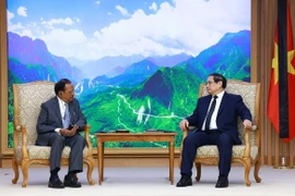 Thủ tướng Phạm Minh Chính tiếp Cố vấn An ninh Quốc gia Ấn Độ Ajit Doval nhân chuyến sang Việt Nam dự lễ tang Tổng Bí thư Nguyễn Phú Trọng. (Ảnh: Dương Giang/TTXVN)