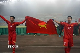 Niềm vui của các cầu thủ đội U23 Việt Nam khi giành quyền vào Bán kết U23 châu Á 2018. (Ảnh: Hoàng Linh/TTXVN)