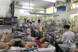 Khoa Nhiễm-Thần kinh, Bệnh viện Nhi đồng 1 Thành phố Hồ Chí Minh quá tải vì bệnh nhi mắc tay chân miệng nhập viện. (Ảnh: TTXVN)