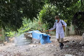 Cán bộ thú y phun khử trùng cho nhà dân khu vực xung quanh ổ dịch cúm A/H5N6 tại xã An Hồng, An Dương, Hải Phòng. (Ảnh: Minh Thu/TTXVN)