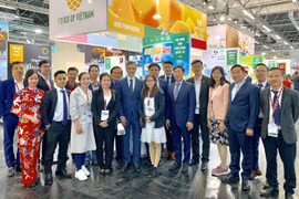 Đại sứ Việt Nam tại Đức Nguyễn Minh Vũ và Tham tán Thương mại Bùi Vương Anh chụp ảnh lưu niệm cùng đại diện các doanh nghiệp Việt Nam tham dự Anuga 2019. (Ảnh: Phạm Thắng/TTXVN)