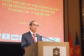 Ủy viên Bộ Chính trị, Bí thư Thành ủy Thành phố Hồ Chí Minh Nguyễn Thiện Nhân phát biểu tại buổi lễ. (Ảnh: Xuân Vịnh - TTXVN/Vietnam+)