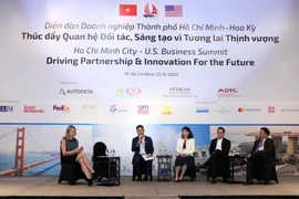 Bà Mary Tarnowka (ngoài cùng bên trái), Giám đốc Điều hành Amcham Thành phố Hồ Chí Minh, điều hành phiên thảo luận về Đầu tư phát triển công nghệ tài chính (FinTech) cho Việt Nam và xa hơn nữa. (Nguồn: Xuân Khu/TTXVN)