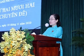 Chủ tịch Hội đồng nhân dân Thành phố Hồ Chí Minh Nguyễn Thị Lệ phát biểu khai mạc Kỳ họp. (Ảnh: Xuân Khu/TTXVN)