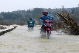 Người dân điều khiển phương tiện vượt dòng nước chảy xiết. (Ảnh: Lê Ngọc Phước/TTXVN)