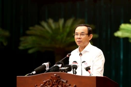 Bí thư Thành ủy Thành phố Hồ Chí Minh Nguyễn Văn Nên phát biểu chỉ đạo tại hội nghị. (Ảnh: Thành Chung/TTXVN)
