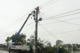 Ngành Điện Quảng Bình gấp rút khắc phục hậu quả sau bão số 13. (Ảnh: Đức Thọ/TTXVN)