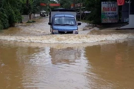 Mưa lớn khiến nhiều tuyến đường giao thông của huyện Lục Yên bị ngập nặng. (Nguồn: TTXVN)