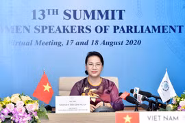 Chủ tịch Quốc hội Nguyễn Thị Kim Ngân tại Hội nghị trực tuyến các Nữ Chủ tịch Quốc hội thế giới lần thứ 13. (Ảnh: Trọng Đức/TTXVN)