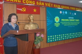 Bà Vũ Kim Hạnh, Chủ tịch Hội Doanh nghiệp hàng Việt Nam chất lượng cao, thông tin về Diễn đàn Mekong Connect 2023 tại họp báo. (Nguồn: Bộ Công Thương)