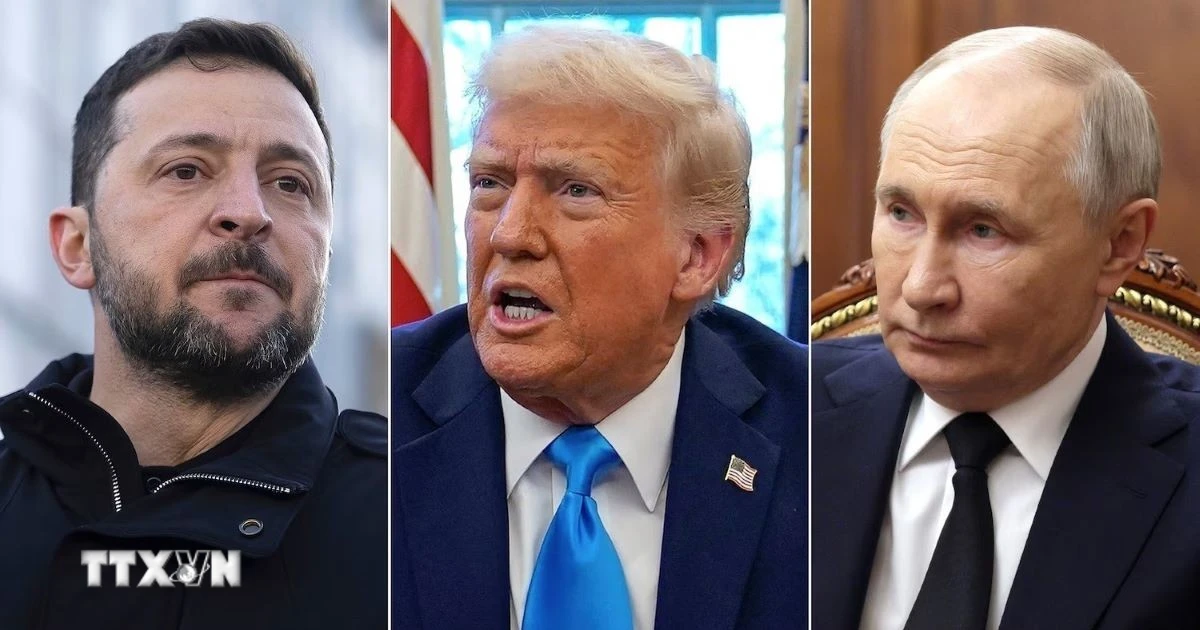 (Từ trái sang) Tổng thống Ukraine Volodymyr Zelensky, Tổng thống Mỹ Donald Trump và Tổng thống Nga Vladimir Putin. (Ảnh: TTXVN)