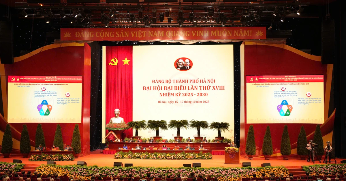 Đại hội đại biểu Đảng bộ thành phố Hà Nội lần thứ XVIII, nhiệm kỳ 2025-2030. Ảnh: PV/Vietnam+