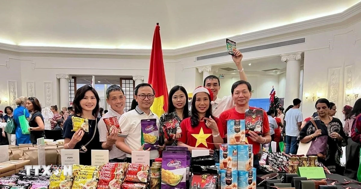 Đại sứ Trịnh Thị Tâm cùng cán bộ và phu nhân, phu quân của Đại sứ quán Việt Nam tại Sri Lanka chụp ảnh lưu niệm tại gian hàng. (Nguồn: TTXVN)