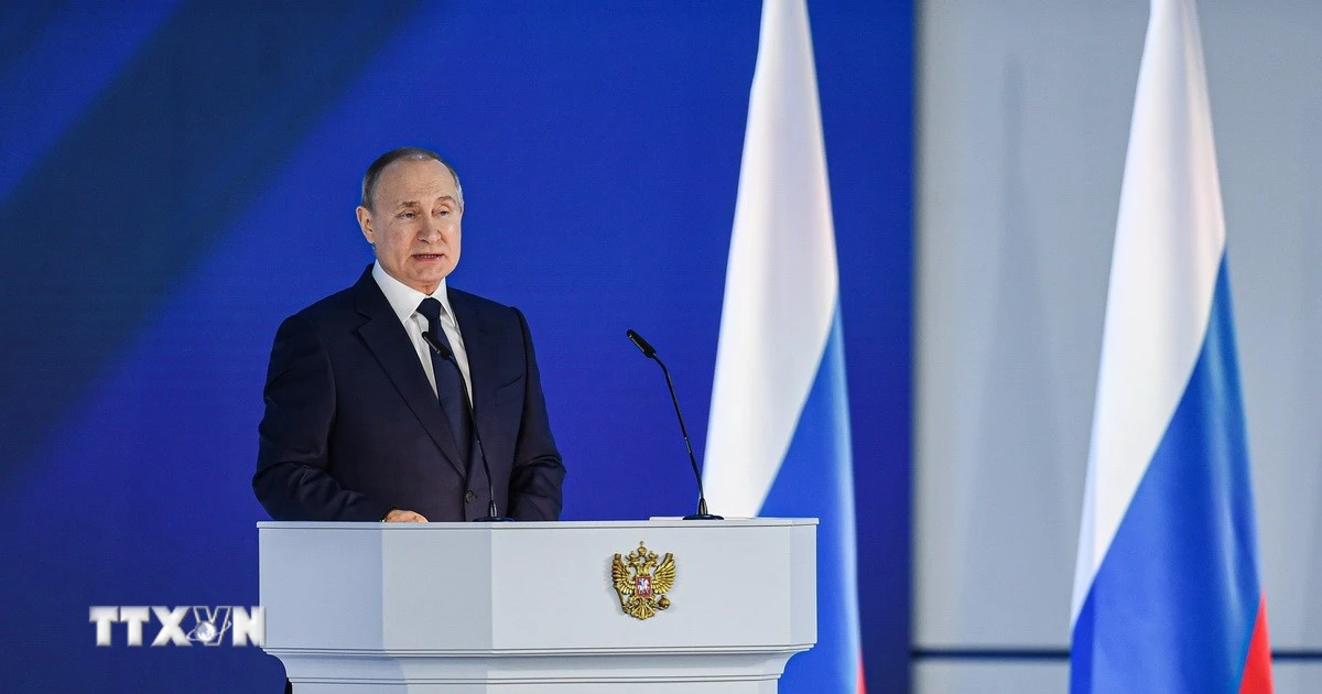 Tổng thống Nga Vladimir Putin phát biểu tại thủ đô Moskva. (Ảnh: THX/TTXVN)