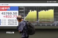 Bảng chỉ số chứng khoán tại Tokyo, Nhật Bản. (Ảnh: Kyodo/TTXVN)