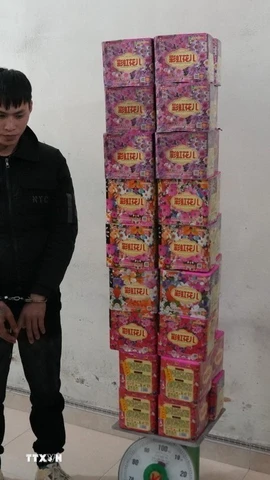 Đối tượng Hà Văn Giáp cùng số pháo hoa tang vật. (Ảnh: TTXVN phát)